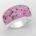 Pink Enamel and Crystal Ring in Silver- Size 6