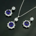 Blue and Clear CZ Pendant and Earring set with Chain