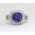 3.38 ct Syn.Sapphire and Diamond Ring in 14k White Gold