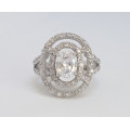 1.785ctw CZ Oval halo Ring in Silver- Size 6, 8
