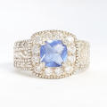 Blue and Clear CZ Halo Ring in Silver - size 6.25