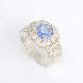 Blue and Clear CZ Halo Ring in Silver - size 6.25