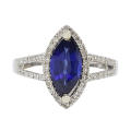 Sapphire and Diamond Halo White Gold Ring- Size 6