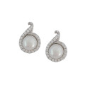White Button Freshwater Pearl and CZ Studs in 925 Sterling Silver
