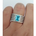 *CD DESIGNER JEWELRY* 1.5ct Emerald Swiss Blue CZ Ring in Silver- Size R