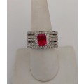*CD DESIGNER JEWELRY* 1.5ct Emerald Ruby Red CZ Halo Ring in Silver- Size R