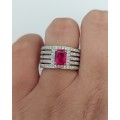 *CD DESIGNER JEWELRY* 1.5ct Emerald Ruby Red CZ Halo Ring in Silver- Size R