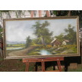 Stunning Vintage Oil Painting Country Cottage Scene