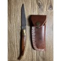 New Damascus pocket knife with leather sheath
