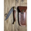 New Damascus pocket knife with leather sheath