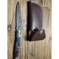 New Damascus hunting folding knife with leather sheath