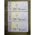 GHC de Kock *** R5 ***1989 3rd issue *** 3 consecutive notes note paper clip marking