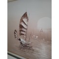 Seascape Chinese Boats oil painting on canvas on board, by Asian artist C. Ping