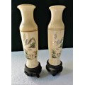 FROM AN ESTATE SALE PAIR OLD CHINESE BONE TYPE VASES ON STANDS SIGNED