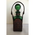 VINTAGE RARE ELWECO ITALIAN GREEN GLASS DECANTER IN LEATHER EMBOSSED HOLDER WITH ORIGINAL LABEL