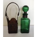 VINTAGE RARE ELWECO ITALIAN GREEN GLASS DECANTER IN LEATHER EMBOSSED HOLDER WITH ORIGINAL LABEL