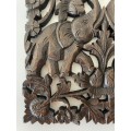 ASIAN HAND CARVED TEAK WOODEN PANEL OF ELEPHANTS