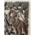 ASIAN HAND CARVED TEAK WOODEN PANEL OF ELEPHANTS