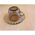 Vintage Contuff Toughened Glassware Smoky Grey Glass Teacup & Saucer (17 available at R25 each)