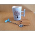 Blue Ceramic Mug with Wooden Lid & Silicone Spoon