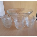 Vintage Round Glass Punch Bowl  with 8 Cups - width 30cm height 15cm