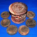 6 Hand Carved Bar Coasters in a Hand Carved Container - Coaster Dia. 80mm