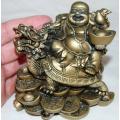 Laughing Composite Buddha on Dragon Turtle Holding Pearl of Wisdom - Height 110mm Width 110mm