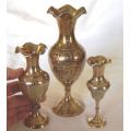 3 Quality Etched Brass Vases - Sold as one lot - Tallest is 205mm