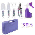 5 Piece Garden Tool Set with Carrying Case, Non-Slip Handle Pruners Rakes Spray Bottle Purple Print