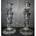 VINTAGE PAIR ROSE ETCHED CUT CRYSTAL GLASS CANDLESTICKS
