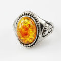 Women Silver Ring with Amber - Size 5 1/2 / L