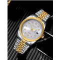 1pc Fashion Versatile Business Calendar Men`s Round Diamond Steel Band Gold Quartz Watch