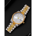 1pc Fashion Versatile Business Calendar Men`s Round Diamond Steel Band Gold Quartz Watch