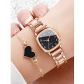 2pcs/Set Ladies` Steel Strap Square Fashionable Minimalist Small Dial Quartz Watch + Bracelet