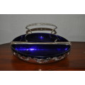 Decorative EPNS Snack Dish With Two Halfmoon Cobalt Blue Liners.