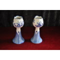 A Pair Of Delft Hand Painted Candle Stick Holders