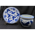 Blue & White Butterfly Pattern Pot Plant Holder with Saucer.