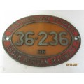 SOUTH AFRICAN RAILWAY CLASS 36 DIESEL LOCOMOTIVE NAME PLATE - LOT 124L