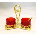 Red salts set - Pair of salts in gilded stand - A beauty!! - Bid Now!!!