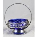 Basket with Blue Glass Insert - Silver Plated Tin - Beautiful! - Bid Now!!!