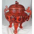 Cinnabar Style Footed & Lidded Temple Bowl with 3 Way Wooden Display Stand - BID NOW!!!!