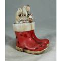 HAND PAINTED STONE CRAFT RABBITS IN A RED PAIR OF SHOES-BID NOW!!!