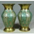 STUNNING PAIR OF SOLID BRASS VASES WITH METAL INLAY -BID NOW