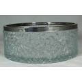 LARGE PRESSED GLASS BOWL WITH A SILVER PLATED RIM(BEAUTIFUL) BID NOW!