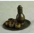 MINIATURE BRASS-DRINKS TRAY WITH DECANTER AND  FOUR CUPS-BID NOW!!