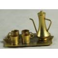 MINIATURE BRASS SERVING TRAY WITH COFFEE POT AND 4 CUPS-BID NOW!!