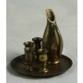 MINIATURE BRASS TRAY WITH DECANTER AND FOUR GLASSES-BID NOW!!
