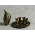 MINIATURE BRASS TRAY WITH DECANTER AND FOUR GLASSES-BID NOW!!