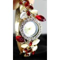 Quartz - Bangle Watch with Red and White Stones and Diamante - A stunner! Bid now!!