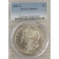 Uncirculated US Morgan Silver Dollar 1881 S Graded MS64+